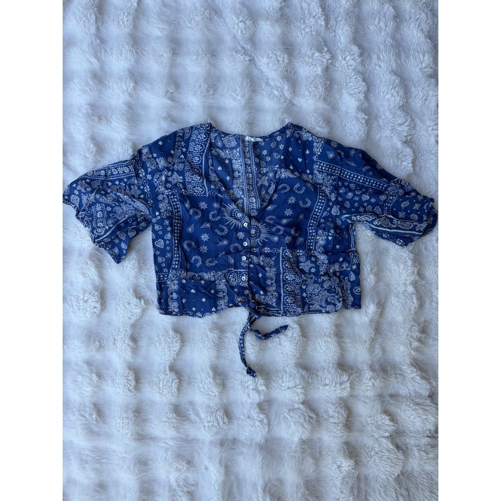 Cache Cache Blue Bandana Print Tie Front Crop Top Blouse Boho Western Size 40